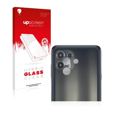Parte frontale di una confezione del prodotto con il logo del marchio upscreen. Accanto è raffigurato il dispositivo Motorola 