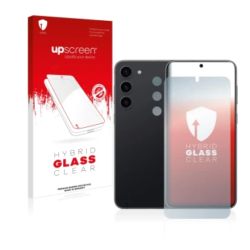 Parte frontale di una confezione del prodotto con il logo del marchio upscreen. Accanto è raffigurato il dispositivo Samsung G