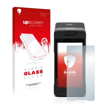 Parte frontale di una confezione del prodotto con il logo del marchio upscreen. Accanto è raffigurato il dispositivo myPOS Car