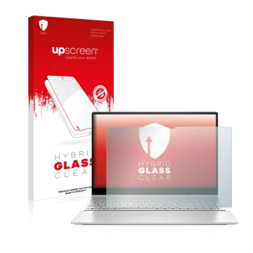Parte frontale di una confezione del prodotto con il logo del marchio upscreen. Accanto è raffigurato il dispositivo HP Envy x