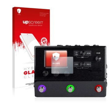 Parte frontale di una confezione del prodotto con il logo del marchio upscreen. Accanto è raffigurato il dispositivo Line 6 hx