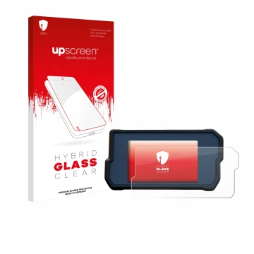 Parte frontale di una confezione del prodotto con il logo del marchio upscreen. Accanto è raffigurato il dispositivo KTM 390 D