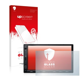 Parte frontale di una confezione del prodotto con il logo del marchio upscreen. Accanto è raffigurato il dispositivo Atoto S8 