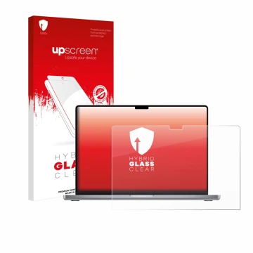 Parte frontale di una confezione del prodotto con il logo del marchio upscreen. Accanto è raffigurato il dispositivo Apple Mac