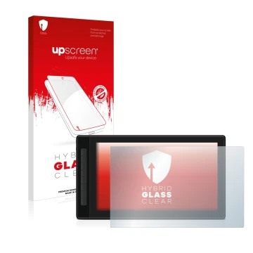 Parte frontale di una confezione del prodotto con il logo del marchio upscreen. Accanto è raffigurato il dispositivo Huion Kam