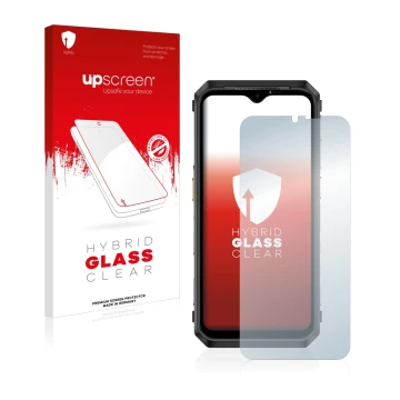 Parte frontale di una confezione del prodotto con il logo del marchio upscreen. Accanto è raffigurato il dispositivo Ulefone P