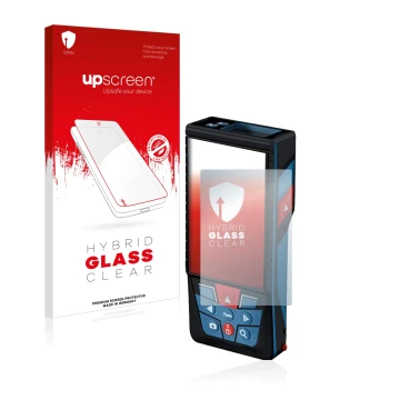 Parte frontale di una confezione del prodotto con il logo del marchio upscreen. Accanto è raffigurato il dispositivo Bosch GLM