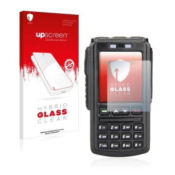 Parte frontale di una confezione del prodotto con il logo del marchio upscreen. Accanto è raffigurato il dispositivo AnyTone B