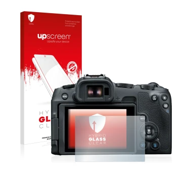 Parte frontale di una confezione del prodotto con il logo del marchio upscreen. Accanto è raffigurato il dispositivo Canon EOS