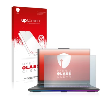Parte frontale di una confezione del prodotto con il logo del marchio upscreen. Accanto è raffigurato il dispositivo ASUS ROG 