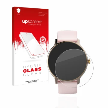 Parte frontale di una confezione del prodotto con il logo del marchio upscreen. Accanto è raffigurato il dispositivo Hama Fit 