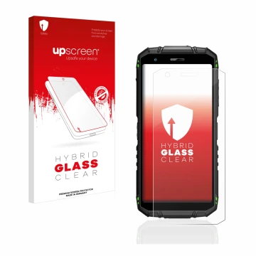 Parte frontale di una confezione del prodotto con il logo del marchio upscreen. Accanto è raffigurato il dispositivo Doogee S4