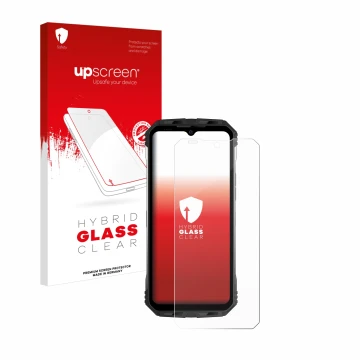 Parte frontale di una confezione del prodotto con il logo del marchio upscreen. Accanto è raffigurato il dispositivo Doogee S1