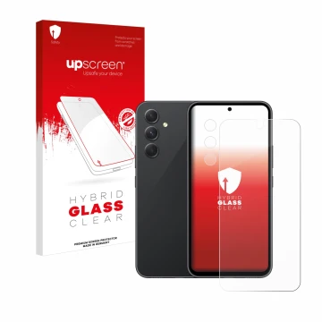 Parte frontale di una confezione del prodotto con il logo del marchio upscreen. Accanto è raffigurato il dispositivo Samsung G