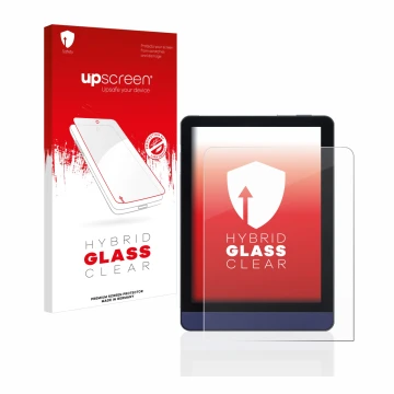 Parte frontale di una confezione del prodotto con il logo del marchio upscreen. Accanto è raffigurato il dispositivo Meebook M