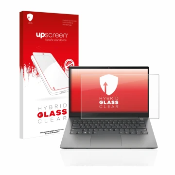 Parte frontale di una confezione del prodotto con il logo del marchio upscreen. Accanto è raffigurato il dispositivo Lenovo Th