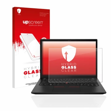 Parte frontale di una confezione del prodotto con il logo del marchio upscreen. Accanto è raffigurato il dispositivo Lenovo Th