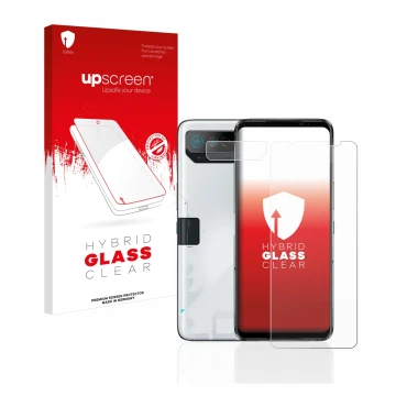 Parte frontale di una confezione del prodotto con il logo del marchio upscreen. Accanto è raffigurato il dispositivo ASUS ROG 