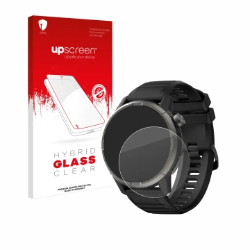Parte frontale di una confezione del prodotto con il logo del marchio upscreen. Accanto è raffigurato il dispositivo Kiprun GP