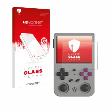 Parte frontale di una confezione del prodotto con il logo del marchio upscreen. Accanto è raffigurato il dispositivo Anbernic 