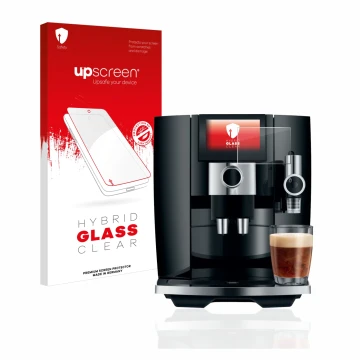 Parte frontale di una confezione del prodotto con il logo del marchio upscreen. Accanto è raffigurato il dispositivo Jura J8 c