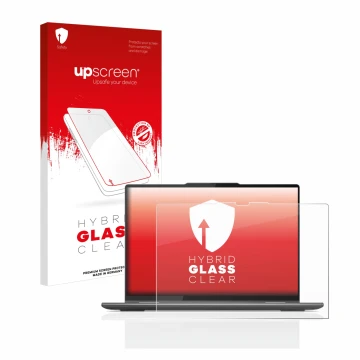 Parte frontale di una confezione del prodotto con il logo del marchio upscreen. Accanto è raffigurato il dispositivo Lenovo Yo