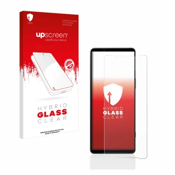 Parte frontale di una confezione del prodotto con il logo del marchio upscreen. Accanto è raffigurato il dispositivo Sony Xper