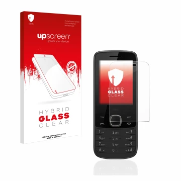 Parte frontale di una confezione del prodotto con il logo del marchio upscreen. Accanto è raffigurato il dispositivo Nokia 225