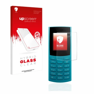Parte frontale di una confezione del prodotto con il logo del marchio upscreen. Accanto è raffigurato il dispositivo Nokia 105