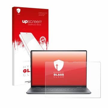 Parte frontale di una confezione del prodotto con il logo del marchio upscreen. Accanto è raffigurato il dispositivo Dell Lati