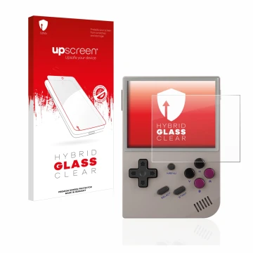 Parte frontale di una confezione del prodotto con il logo del marchio upscreen. Accanto è raffigurato il dispositivo Anbernic 