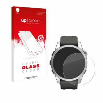Parte frontale di una confezione del prodotto con il logo del marchio upscreen. Accanto è raffigurato il dispositivo Garmin Fe