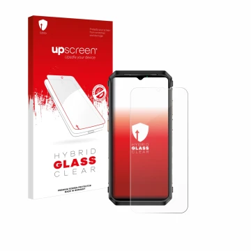 Parte frontale di una confezione del prodotto con il logo del marchio upscreen. Accanto è raffigurato il dispositivo Ulefone P