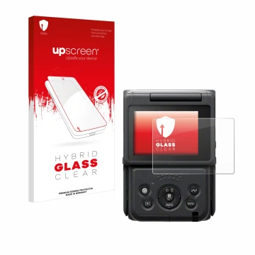 Parte frontale di una confezione del prodotto con il logo del marchio upscreen. Accanto è raffigurato il dispositivo Canon Pow