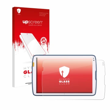 Parte frontale di una confezione del prodotto con il logo del marchio upscreen. Accanto è raffigurato il dispositivo Zebra ET4