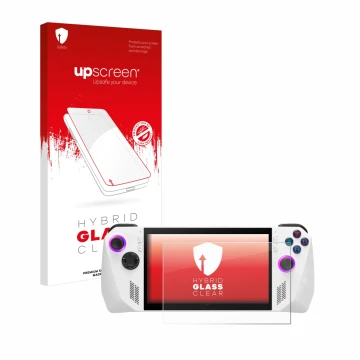 Parte frontale di una confezione del prodotto con il logo del marchio upscreen. Accanto è raffigurato il dispositivo ASUS ROG 