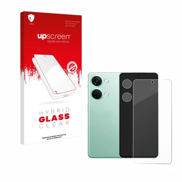 Parte frontale di una confezione del prodotto con il logo del marchio upscreen. Accanto è raffigurato il dispositivo OnePlus N