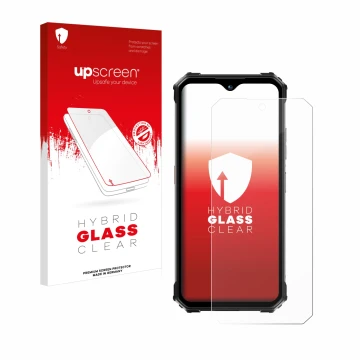 Parte frontale di una confezione del prodotto con il logo del marchio upscreen. Accanto è raffigurato il dispositivo Oukitel W