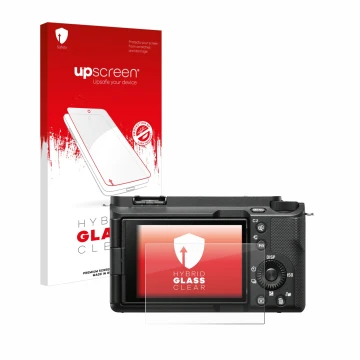 Parte frontale di una confezione del prodotto con il logo del marchio upscreen. Accanto è raffigurato il dispositivo Sony Alph