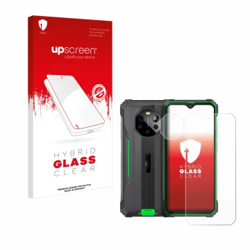 Parte frontale di una confezione del prodotto con il logo del marchio upscreen. Accanto è raffigurato il dispositivo Blackview