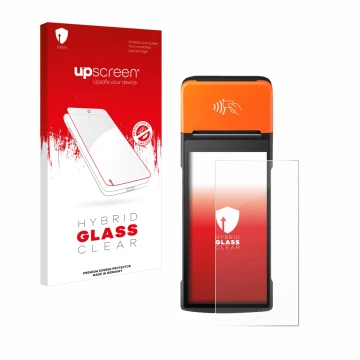 Parte frontale di una confezione del prodotto con il logo del marchio upscreen. Accanto è raffigurato il dispositivo Sunmi V2 