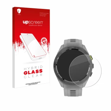 Parte frontale di una confezione del prodotto con il logo del marchio upscreen. Accanto è raffigurato il dispositivo Garmin Ap