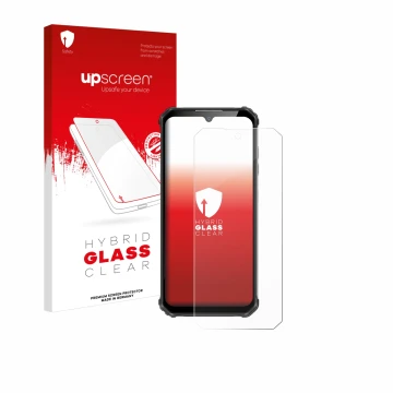 Parte frontale di una confezione del prodotto con il logo del marchio upscreen. Accanto è raffigurato il dispositivo Oukitel W