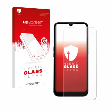 Parte frontale di una confezione del prodotto con il logo del marchio upscreen. Accanto è raffigurato il dispositivo Doro 8200