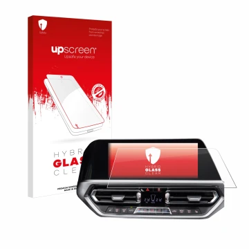 Parte frontale di una confezione del prodotto con il logo del marchio upscreen. Accanto è raffigurato il dispositivo BMW 3 G20