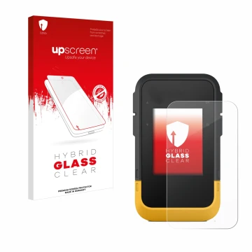 Parte frontale di una confezione del prodotto con il logo del marchio upscreen. Accanto è raffigurato il dispositivo Garmin eT