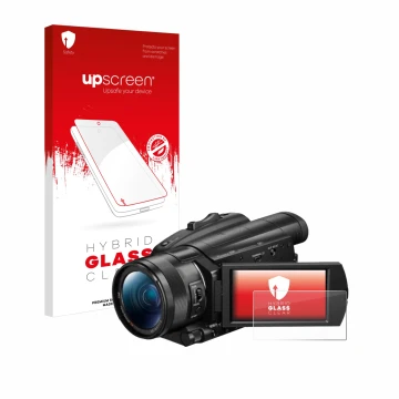 Parte frontale di una confezione del prodotto con il logo del marchio upscreen. Accanto è raffigurato il dispositivo Sony FDR-