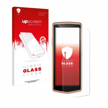 Parte frontale di una confezione del prodotto con il logo del marchio upscreen. Accanto è raffigurato il dispositivo Cubot Poc