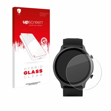 Parte frontale di una confezione del prodotto con il logo del marchio upscreen. Accanto è raffigurato il dispositivo Hama Fit 