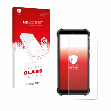 Parte frontale di una confezione del prodotto con il logo del marchio upscreen. Accanto è raffigurato il dispositivo Ulefone A